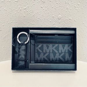 Michael Kors Men’s  Signature Card Holder And Keychain Black Set  OS NIB
